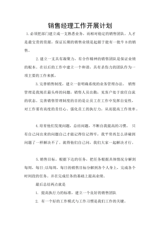 销售经理工作开展计划