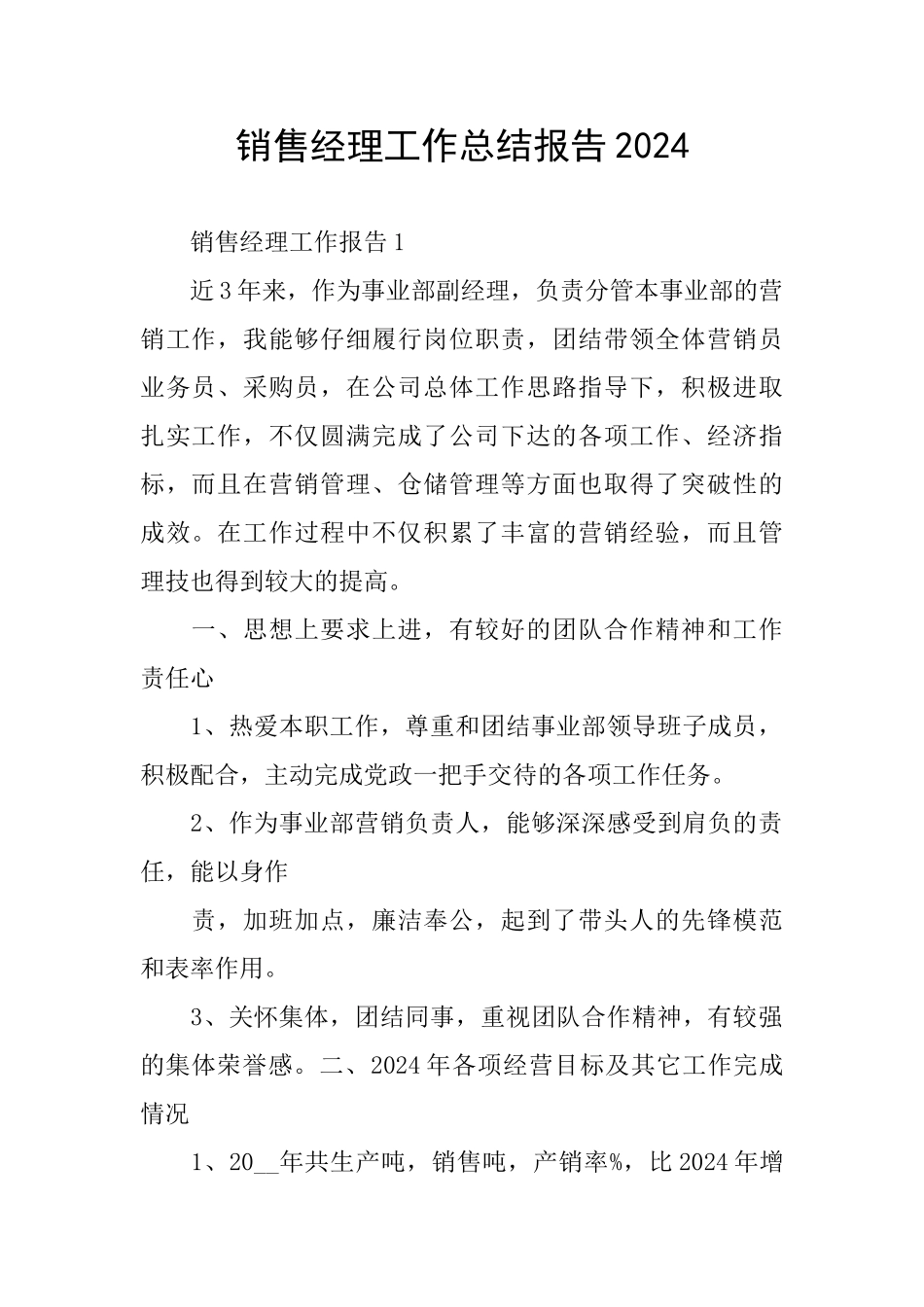 销售经理工作总结报告2024_第1页