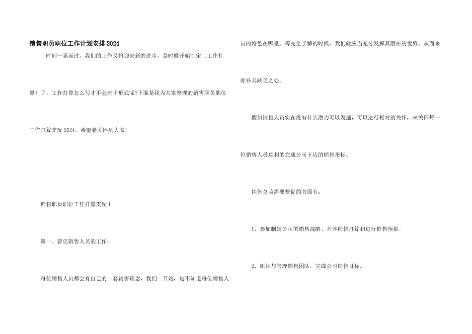 销售职员职位工作计划安排2024_第1页