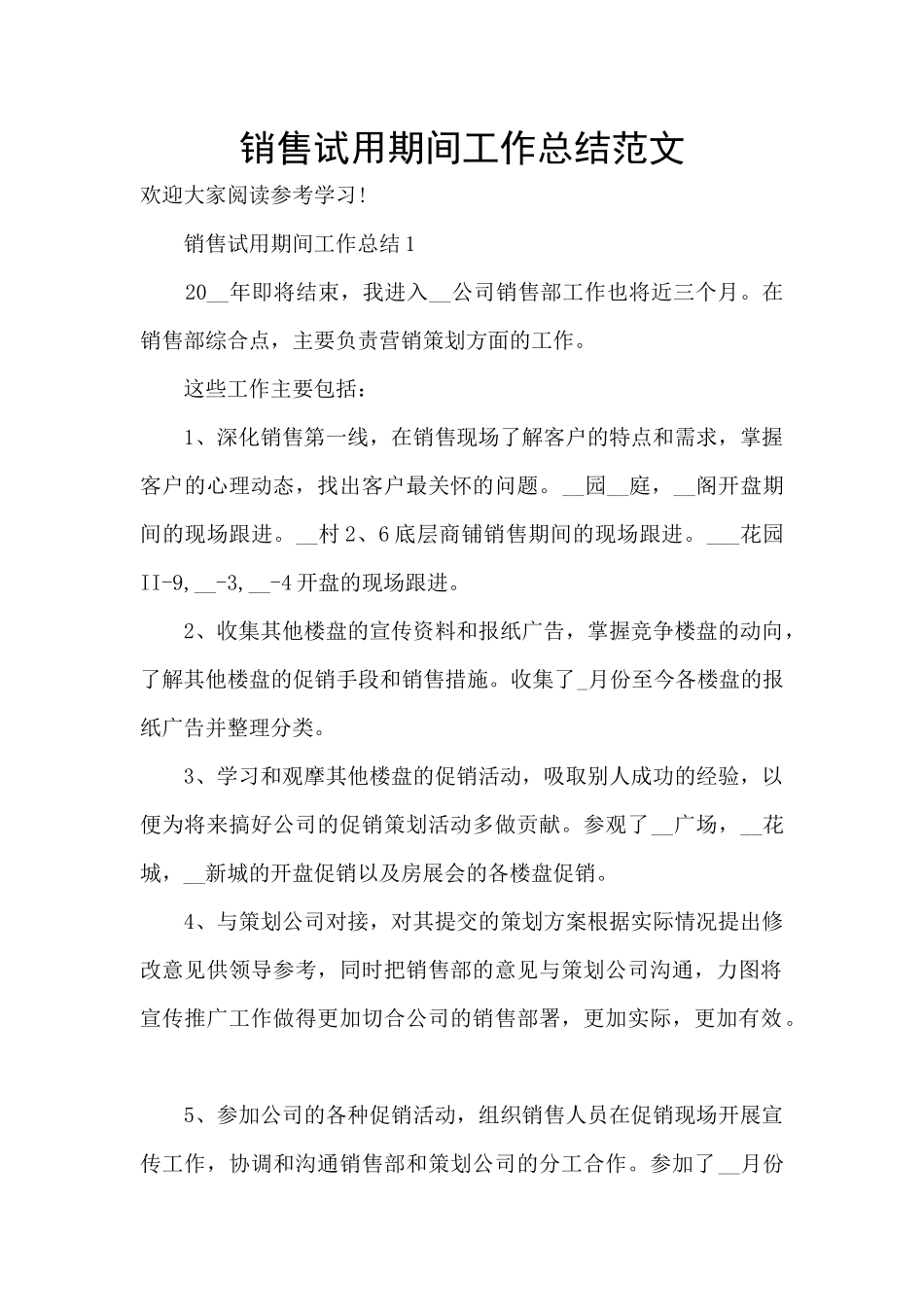 销售试用期间工作总结范文_第1页