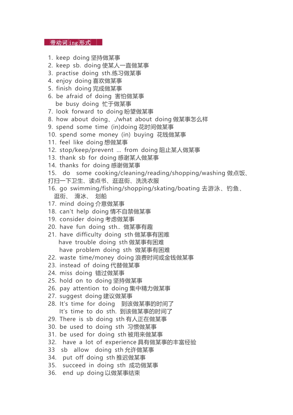 初中英语动词+doing和+to do 句型全总结_第1页