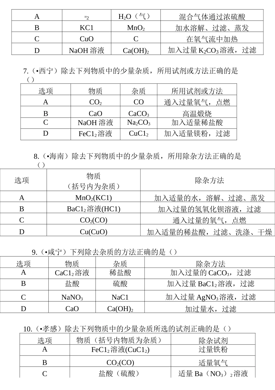九年级化学物质的提纯(除杂)与分离经典题目汇编(含答案)_第3页