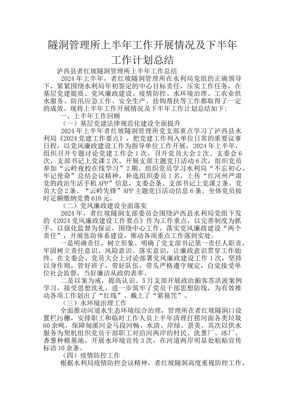 隧洞管理所上半年工作开展情况及下半年工作计划总结_第1页