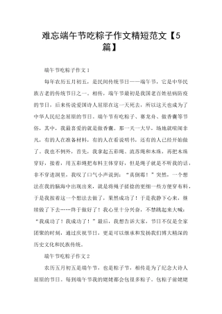 难忘端午节吃粽子作文精短范文