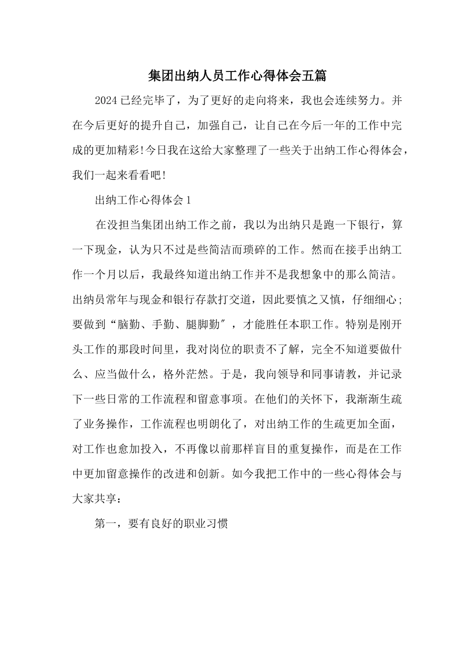 集团出纳人员工作心得体会五篇_第1页