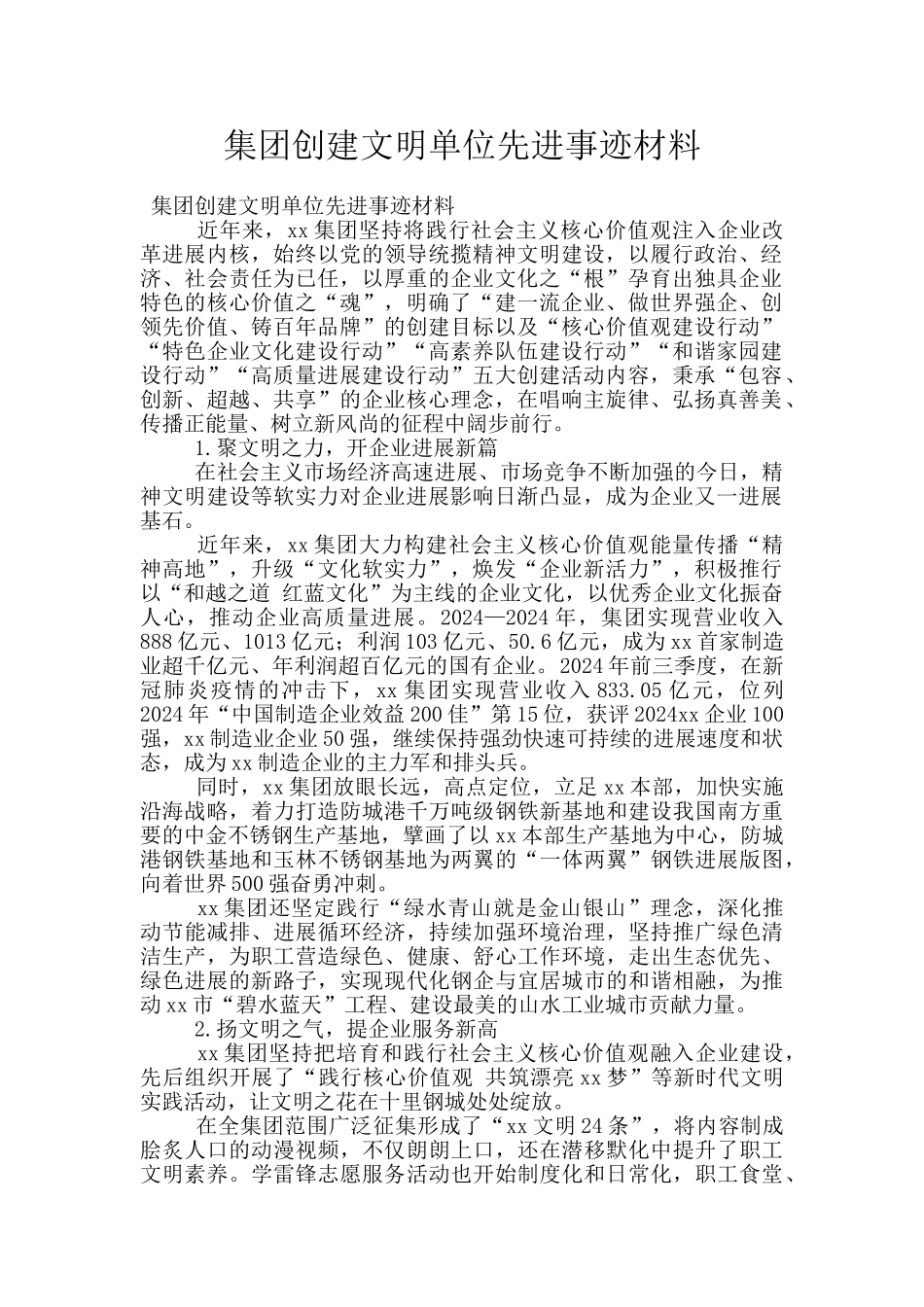 集团创建文明单位先进事迹材料_第1页