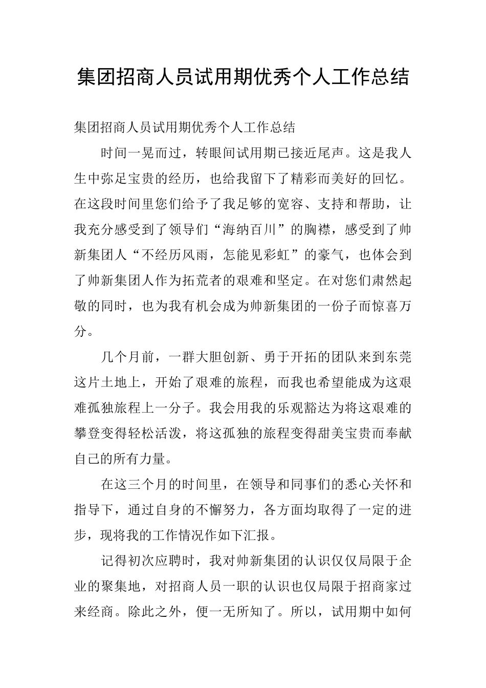 集团招商人员试用期优秀个人工作总结_第1页
