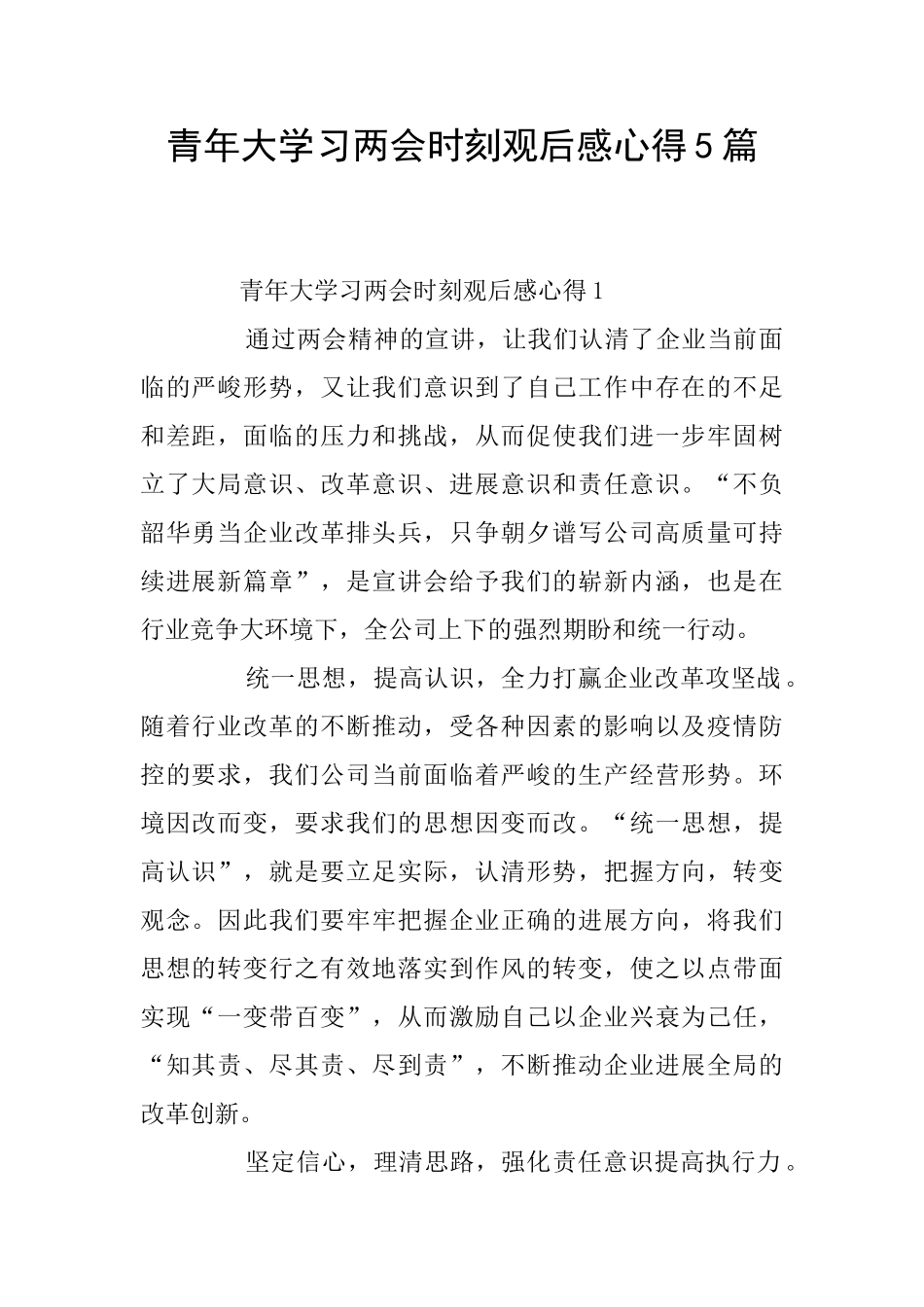 青年大学习两会时刻观后感心得5篇_第1页