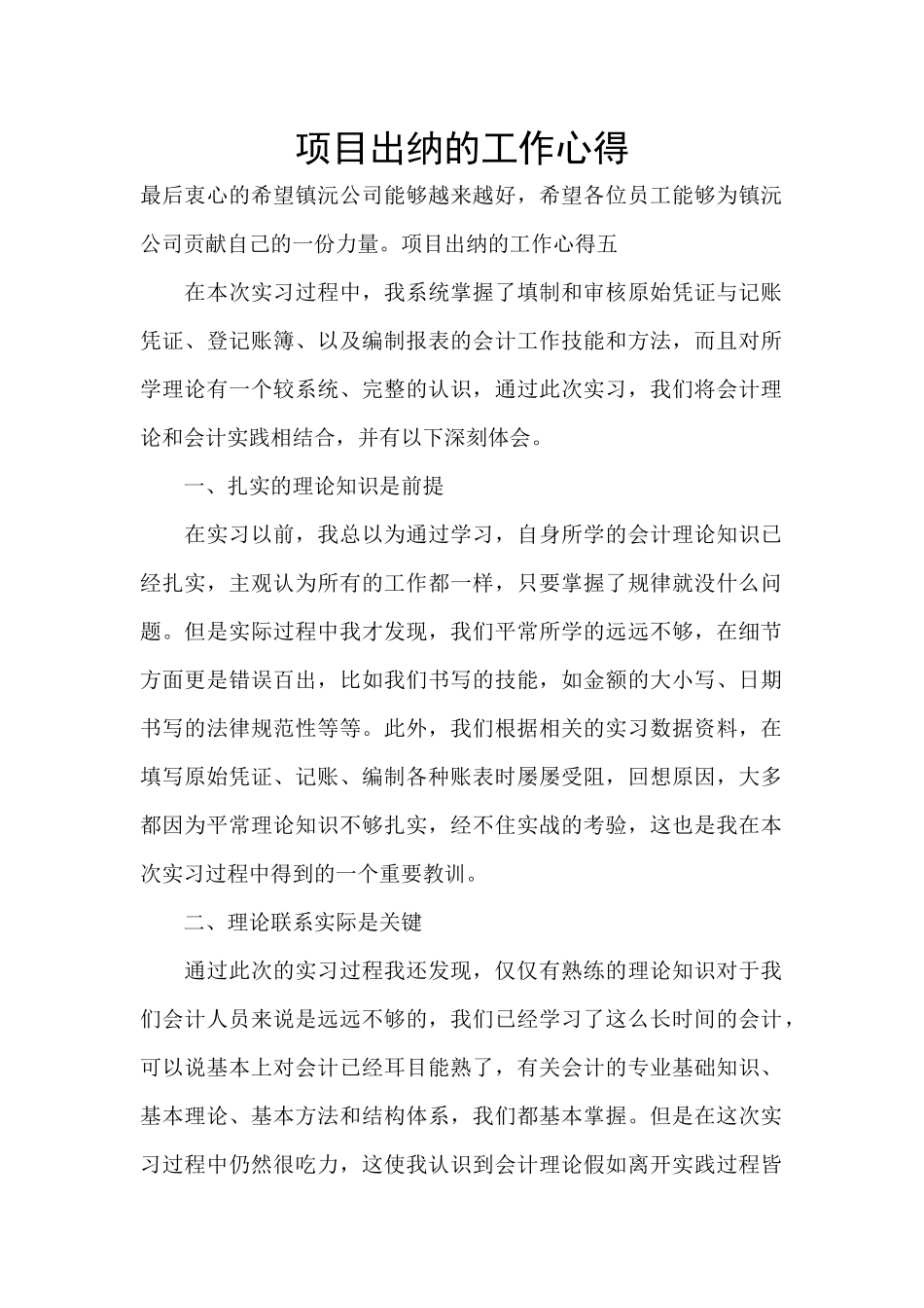 项目出纳的工作心得_第1页