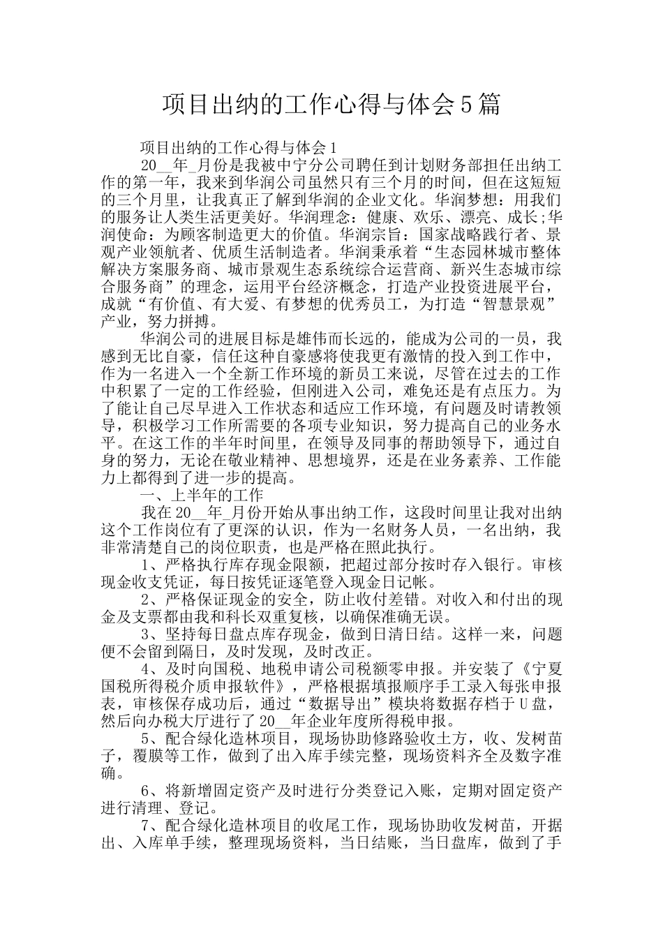 项目出纳的工作心得与体会5篇_第1页