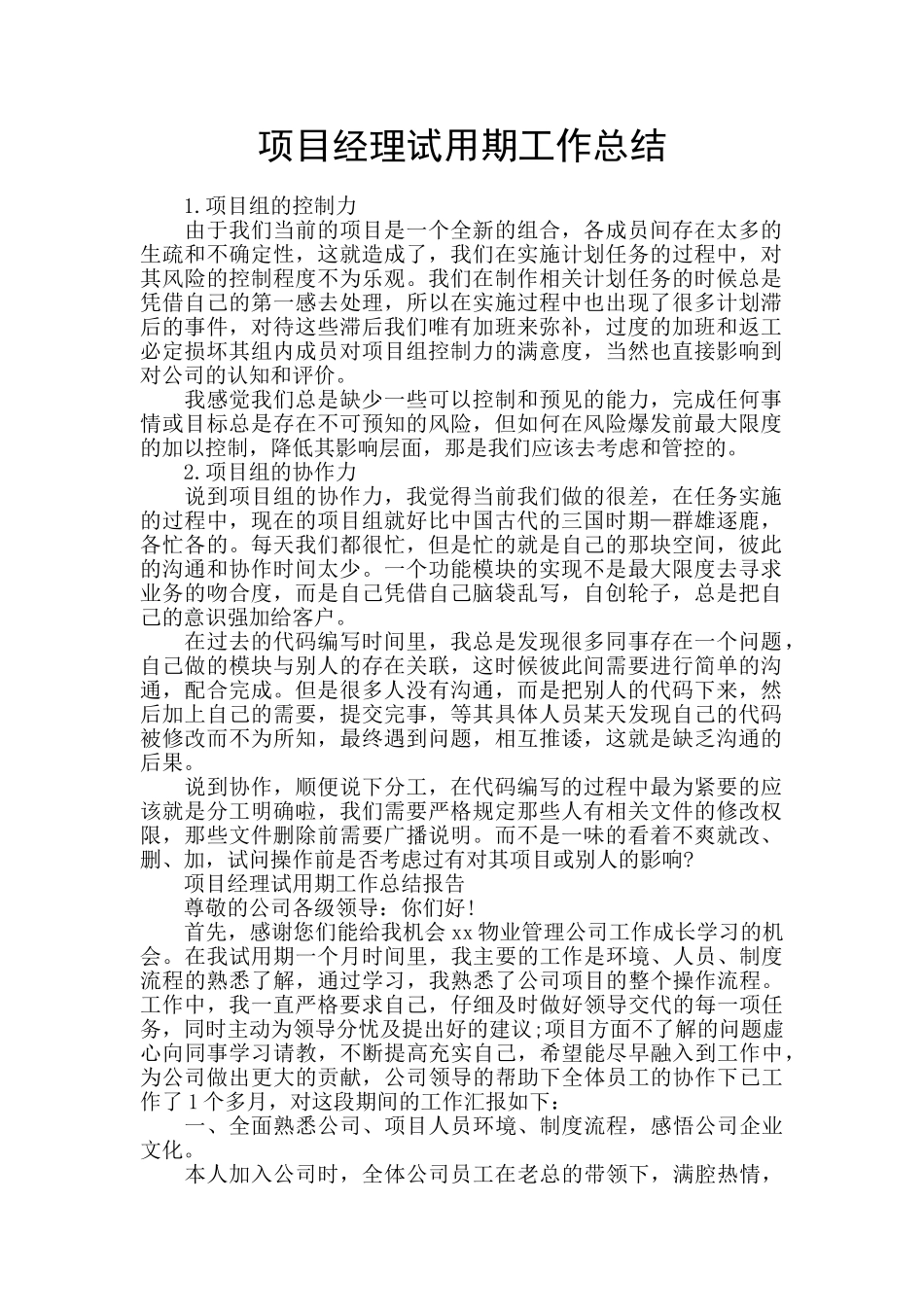 项目经理试用期工作总结_第1页