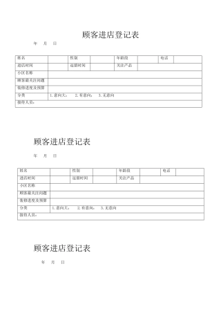 顾客进店登记表