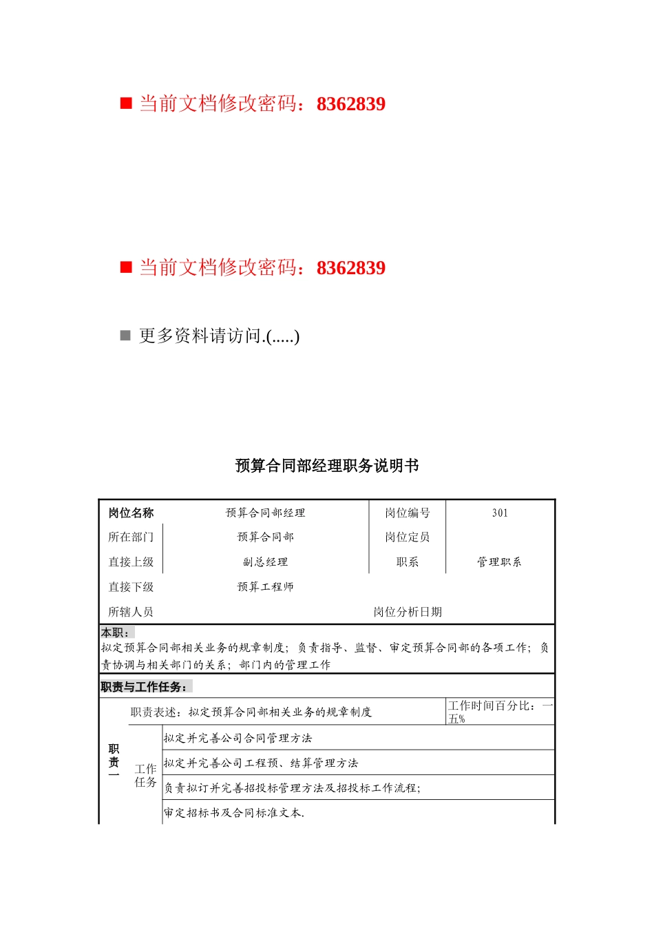 预算合同部经理工作说明书_第1页