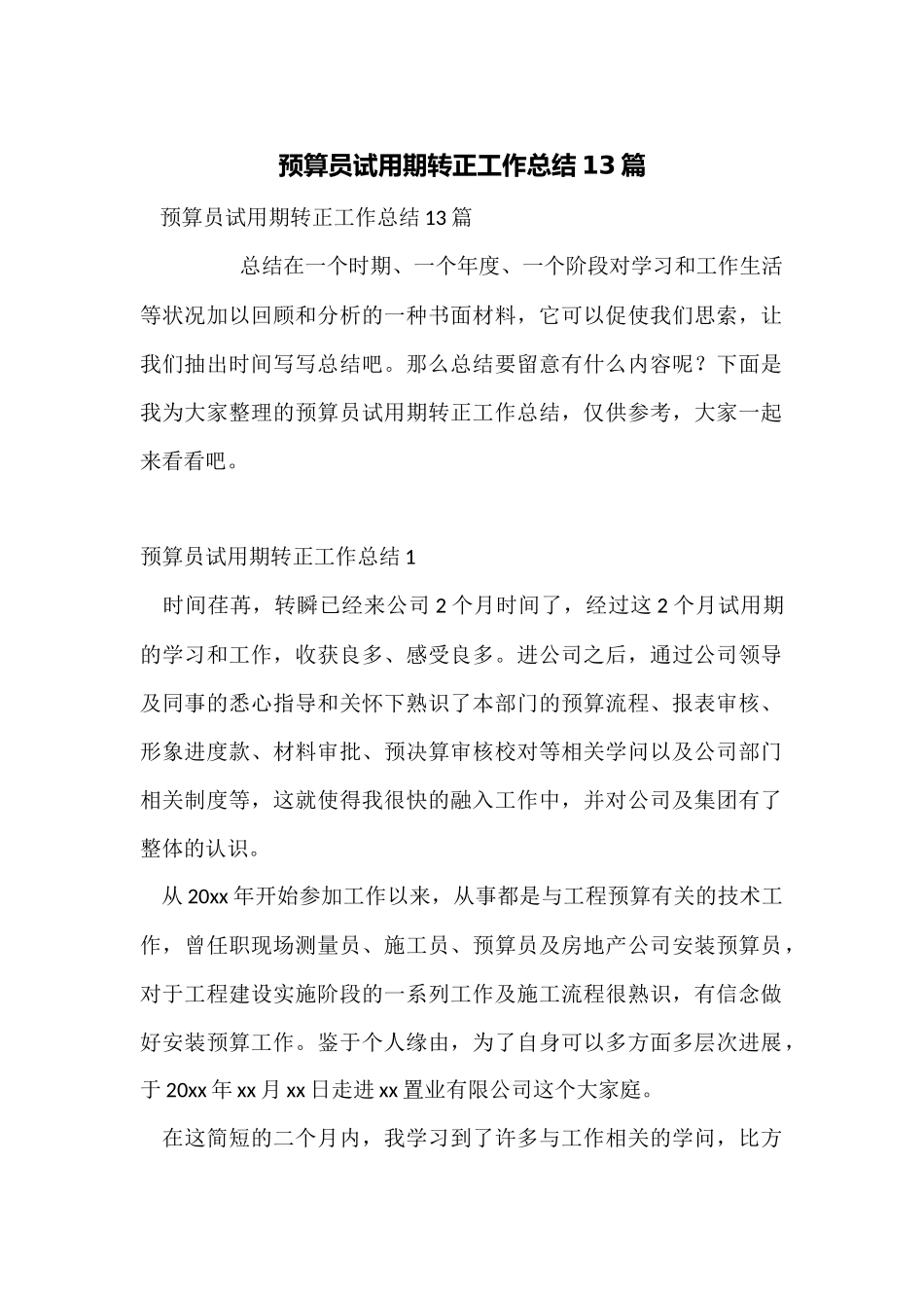 预算员试用期转正工作总结13篇_第1页