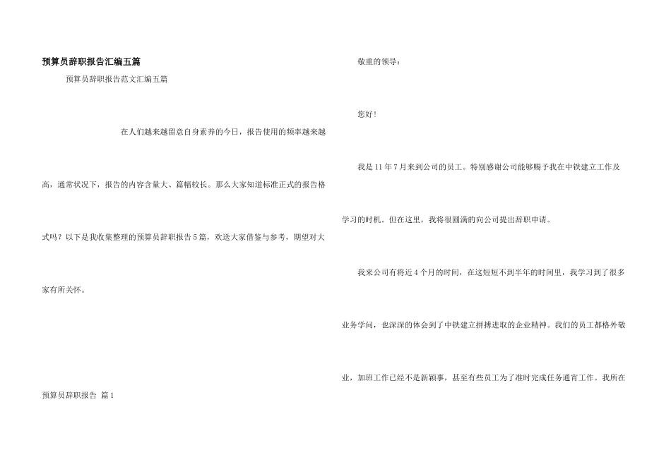 预算员辞职报告汇编五篇_第1页