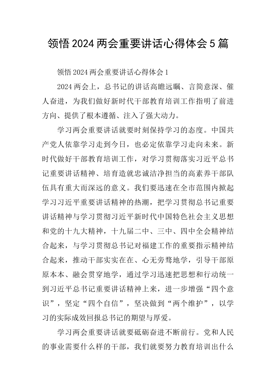 领会2024两会重要讲话心得体会5篇_第1页