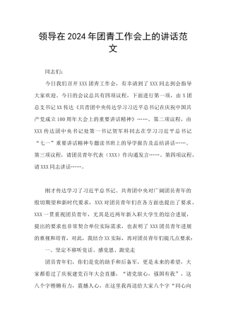 领导在2024年团青工作会上的讲话范文