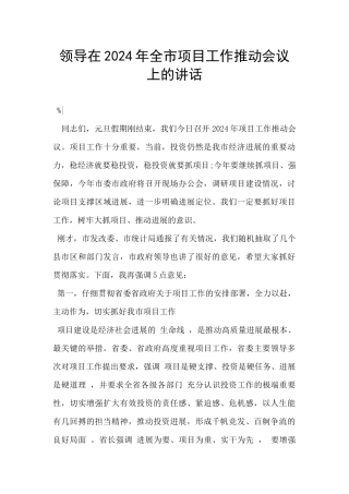 领导在2024年全市项目工作推进会议上的讲话