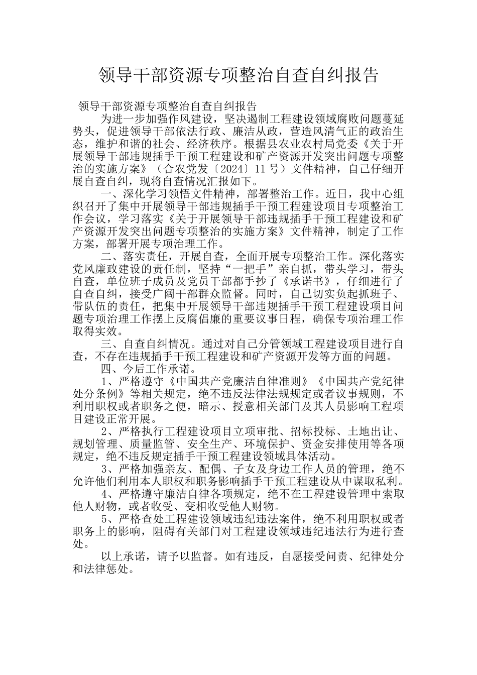 领导干部资源专项整治自查自纠报告_第1页