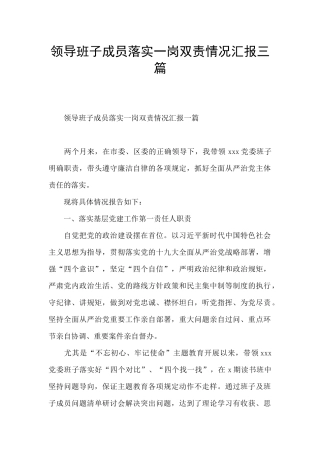 领导班子成员落实一岗双责情况汇报三篇