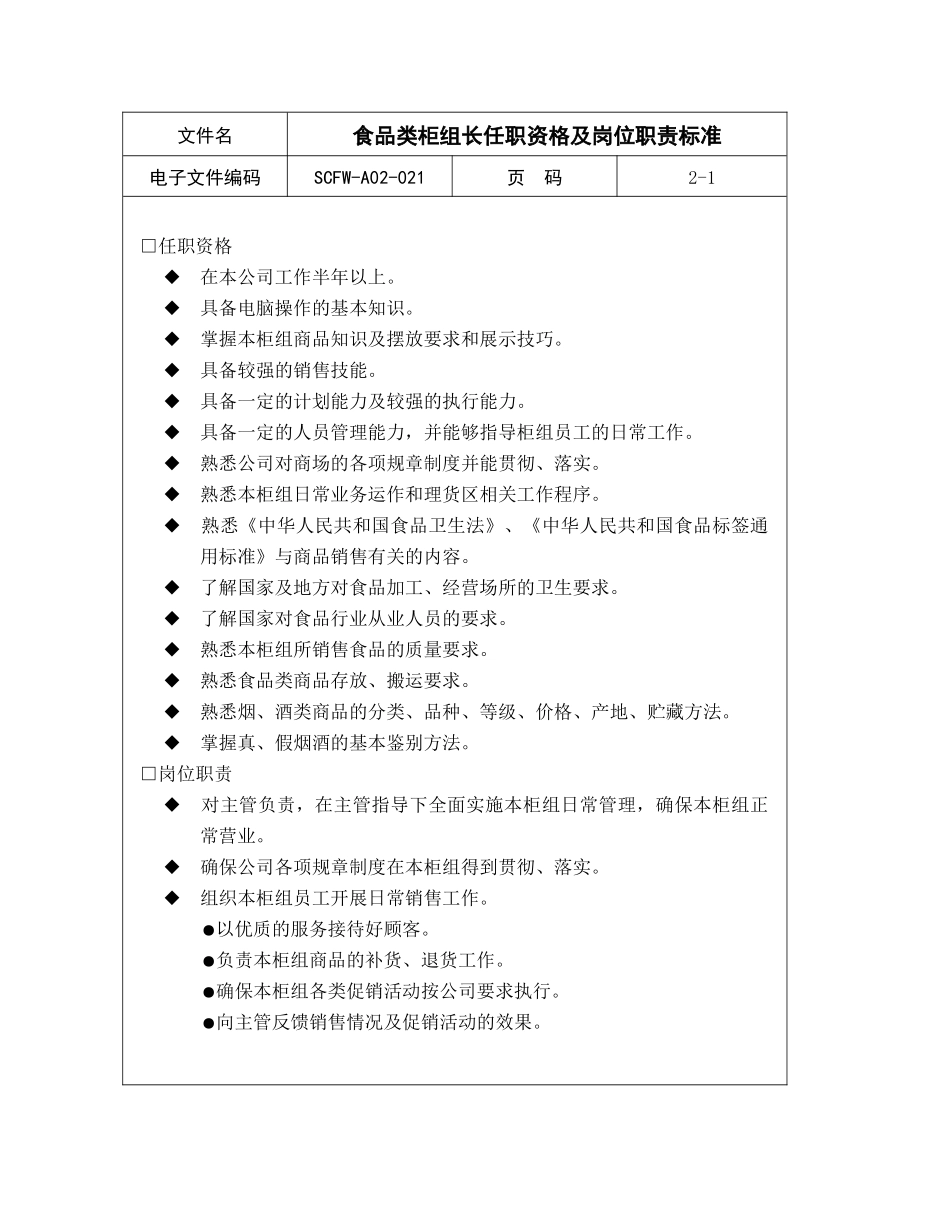 食品类柜组长任职资格及岗位职责标准范例_第1页
