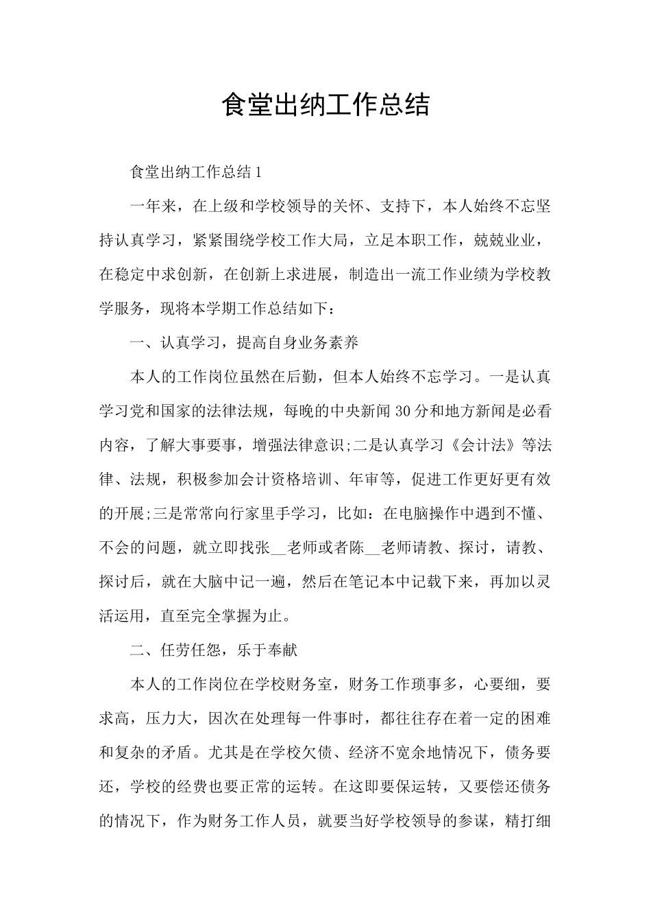 食堂出纳工作总结_第1页
