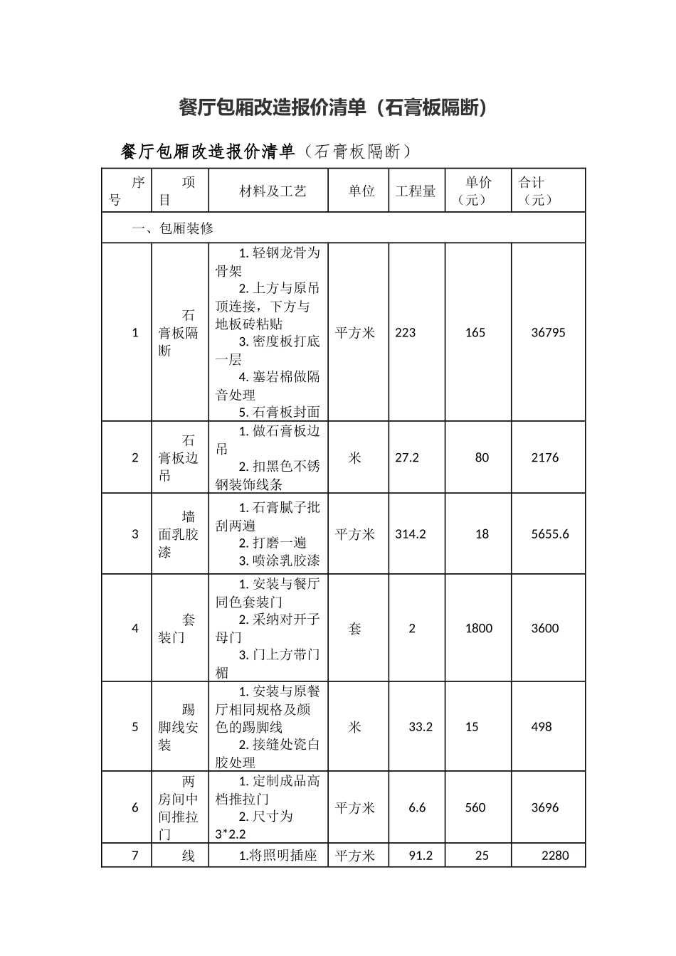 餐厅包厢改造报价清单_第1页