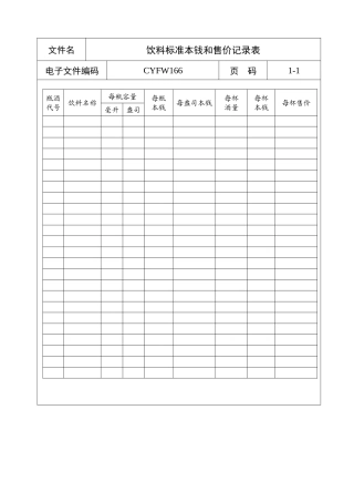 饮料标准成本和售价记录表