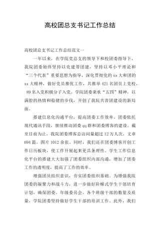高校团总支书记工作总结