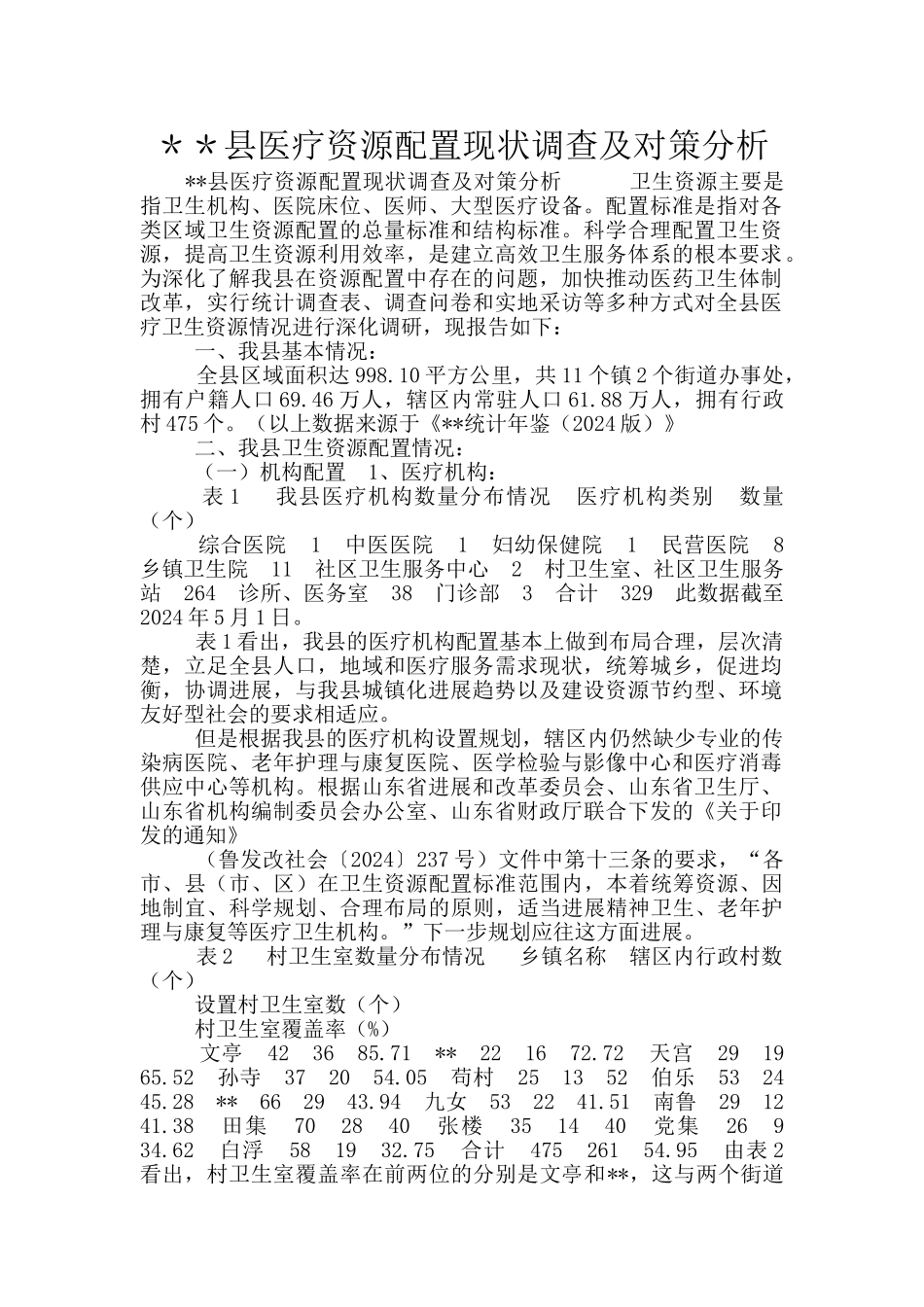 ＊＊县医疗资源配置现状调查及对策分析_第1页