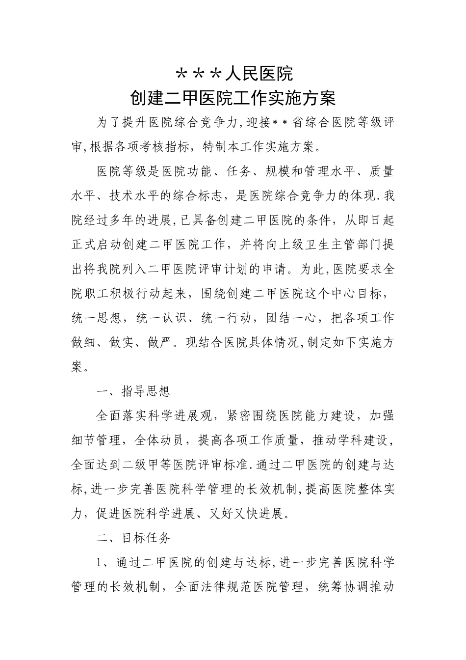 --人民医院创建二甲医院工作实施方案_第1页