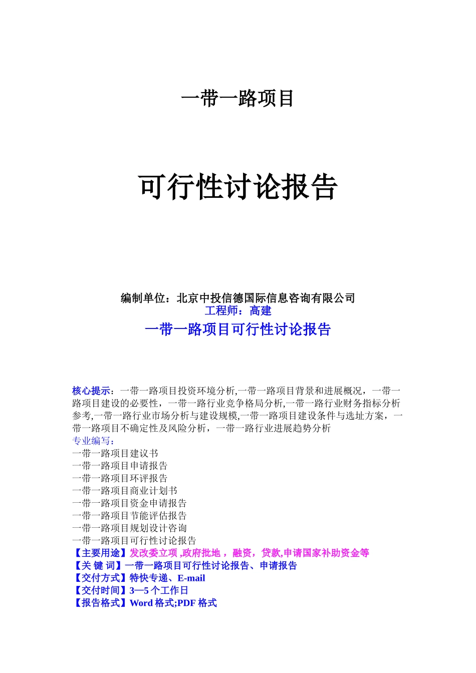 一#带一路项目可行性研究报告-中投信德_第1页