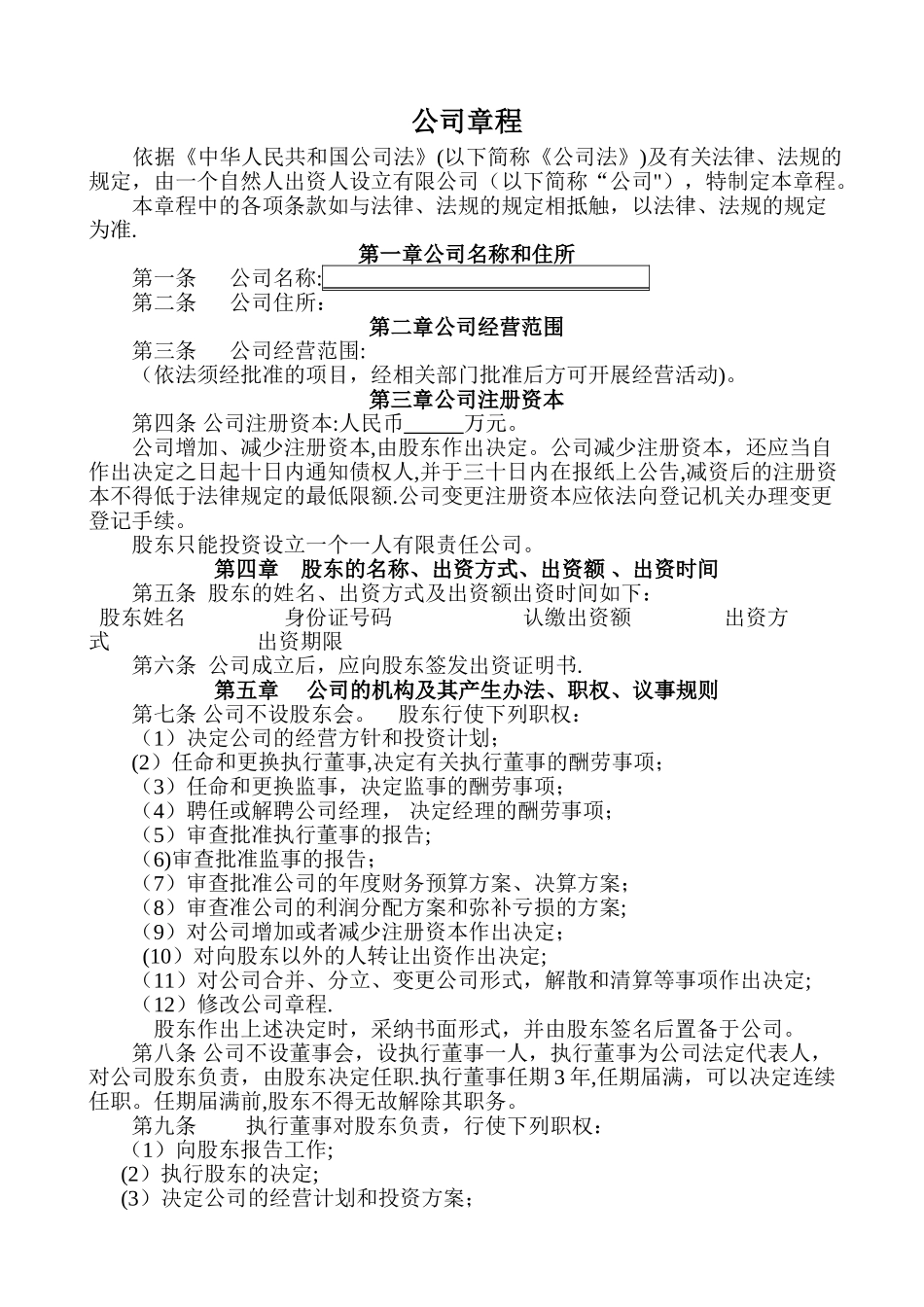 一-人有限公司章程_第1页