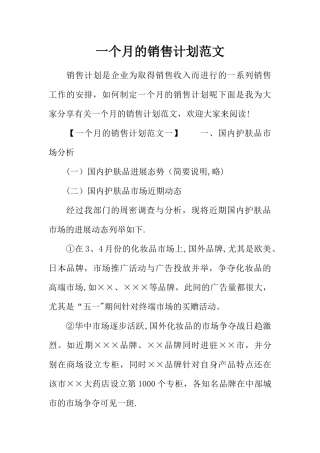 一个月的销售计划范文
