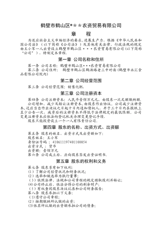 一人公司章程(农资)