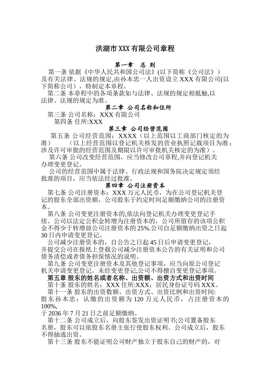 一人出资公司章程_第1页
