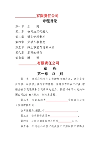 一人有限公司章程(模版)