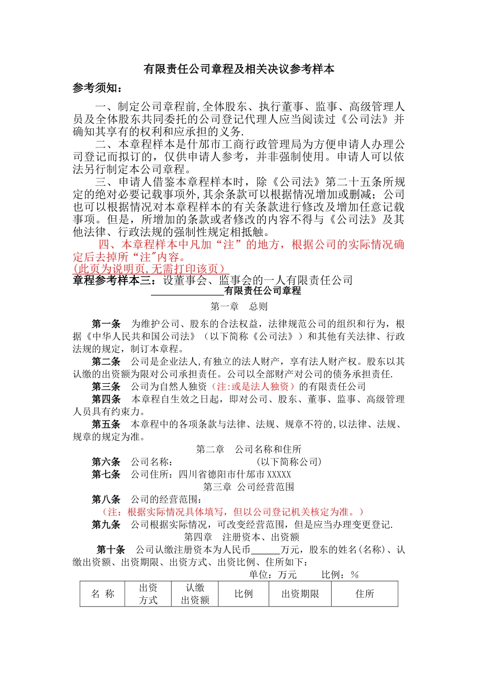 一人公司设立章程-设董事会不设监事会_第1页