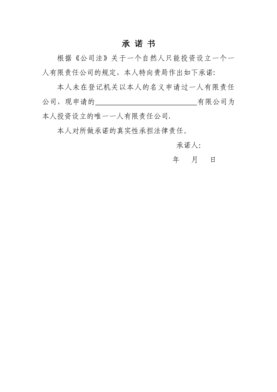 一人有限责任公司承诺书_第1页