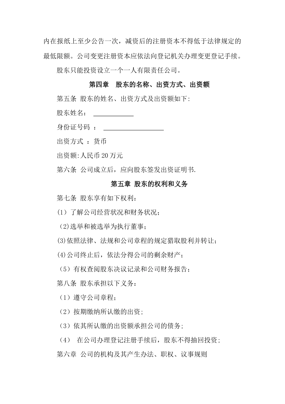 一人有限责任公司章程(标准版)_第2页