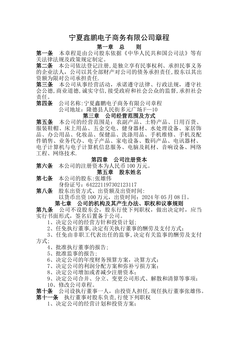 一人独资公司章程范本_第1页