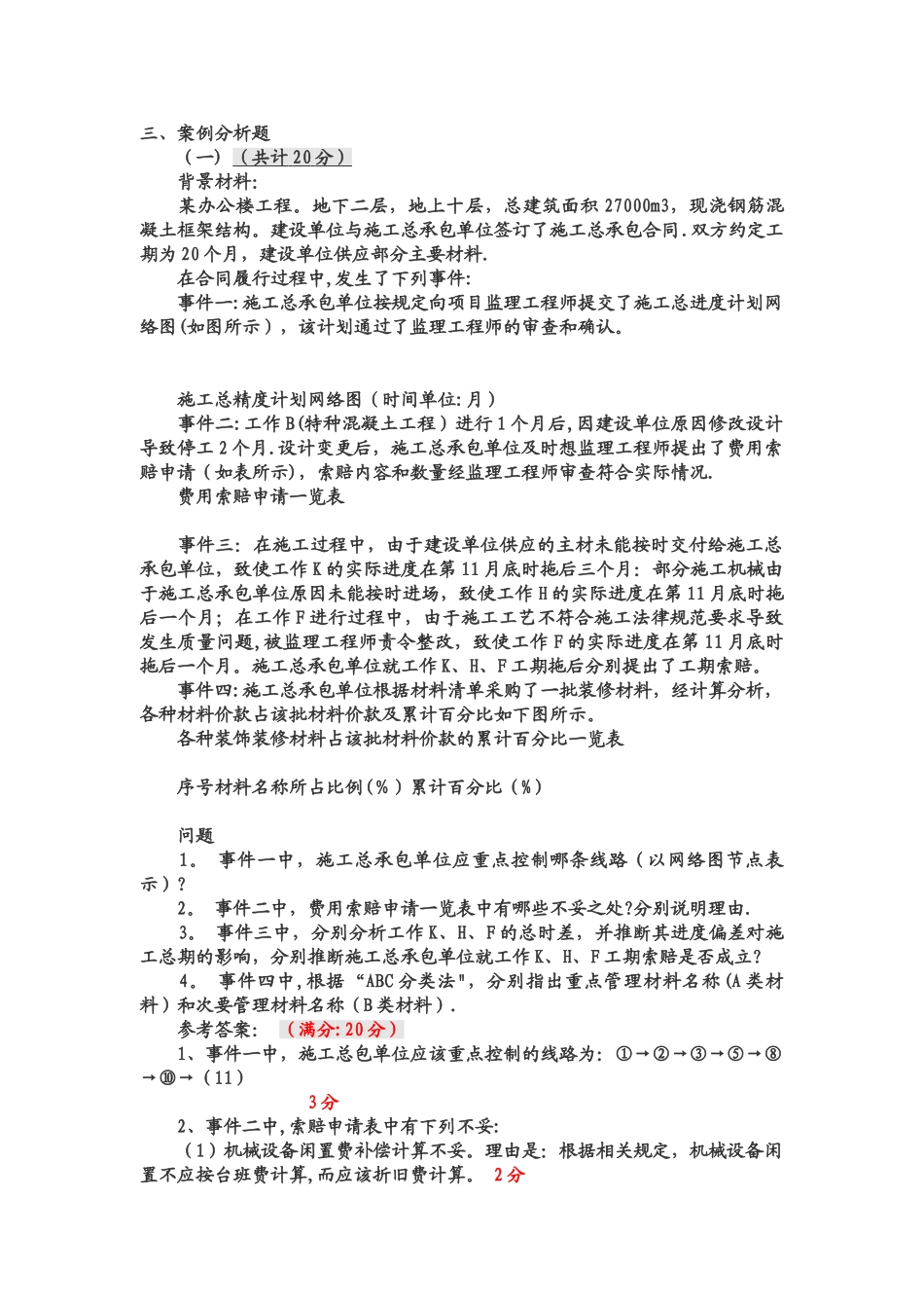 一级建造师案例实务答案+评分标准_第1页