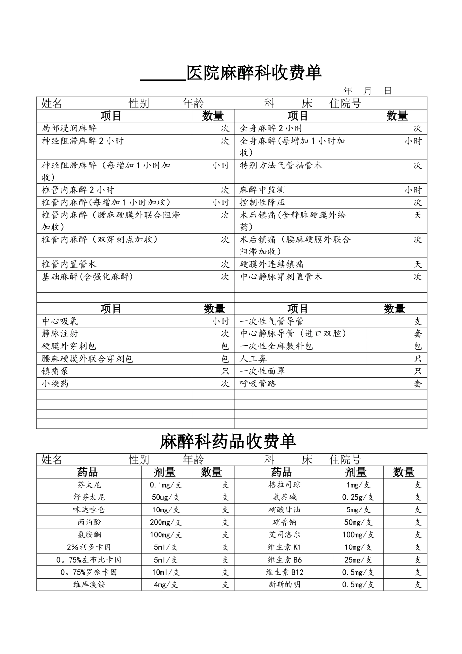 一级民营医院麻醉收费单_第1页