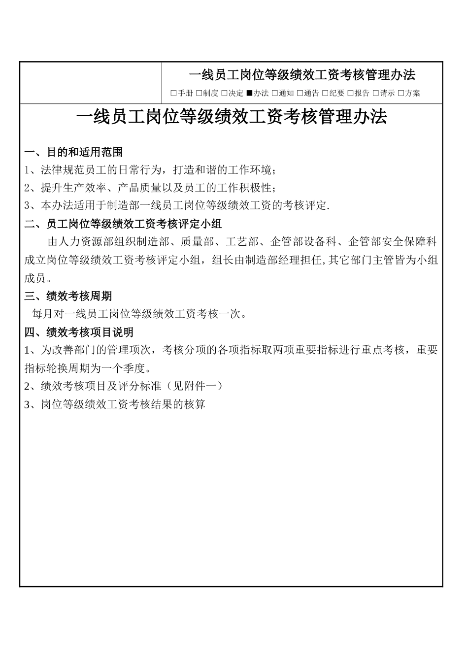 一线员工岗位等级绩效工资考核管理办法_第1页