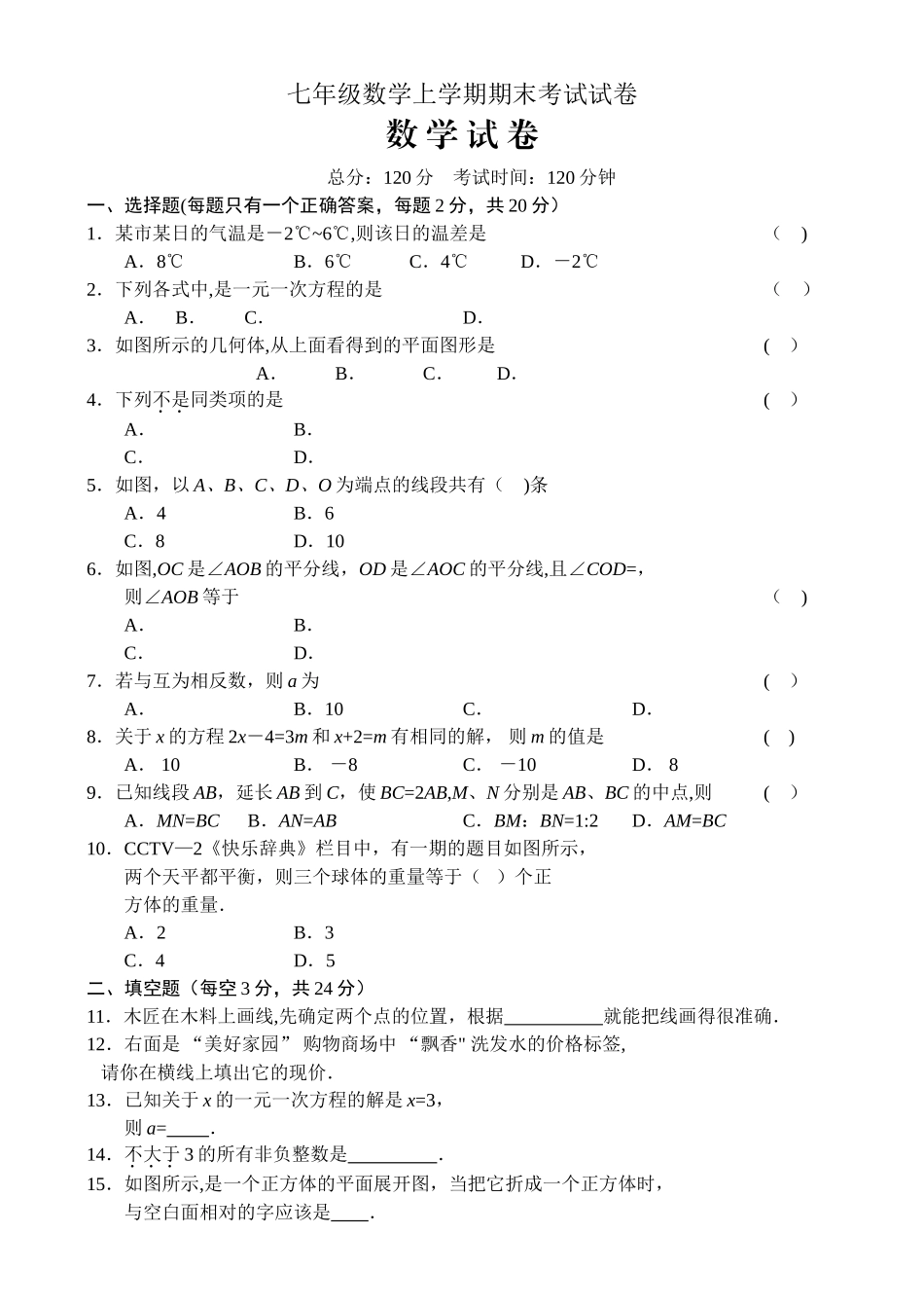 七年级数学上学期期末考试试卷_第1页