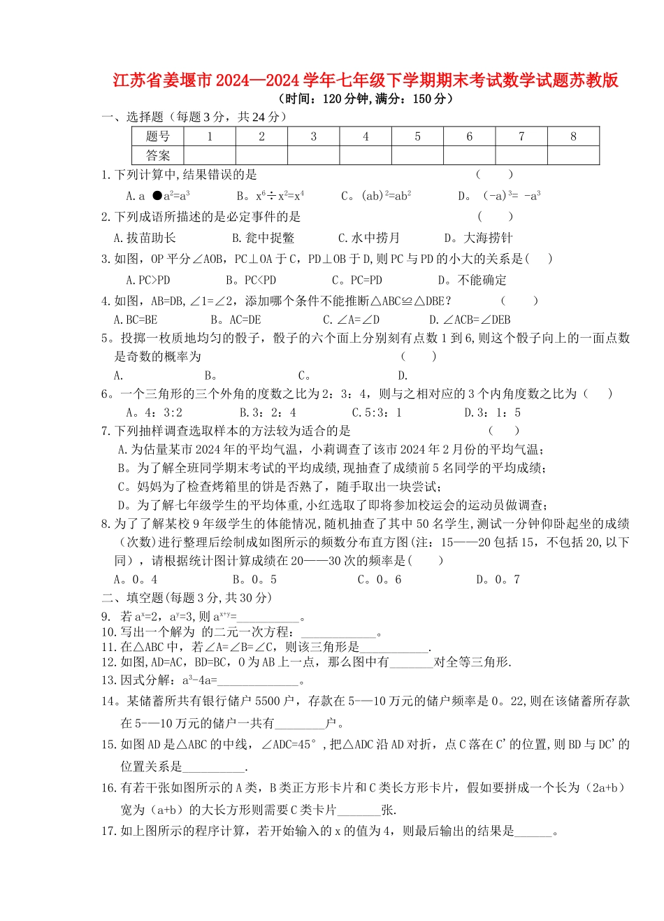 七年级数学下学期期末考试试题-苏教版_第1页