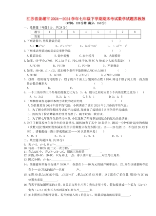 七年级数学下学期期末考试试题-苏教版