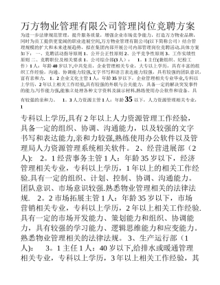 万方物业管理有限公司管理岗位竞聘方案