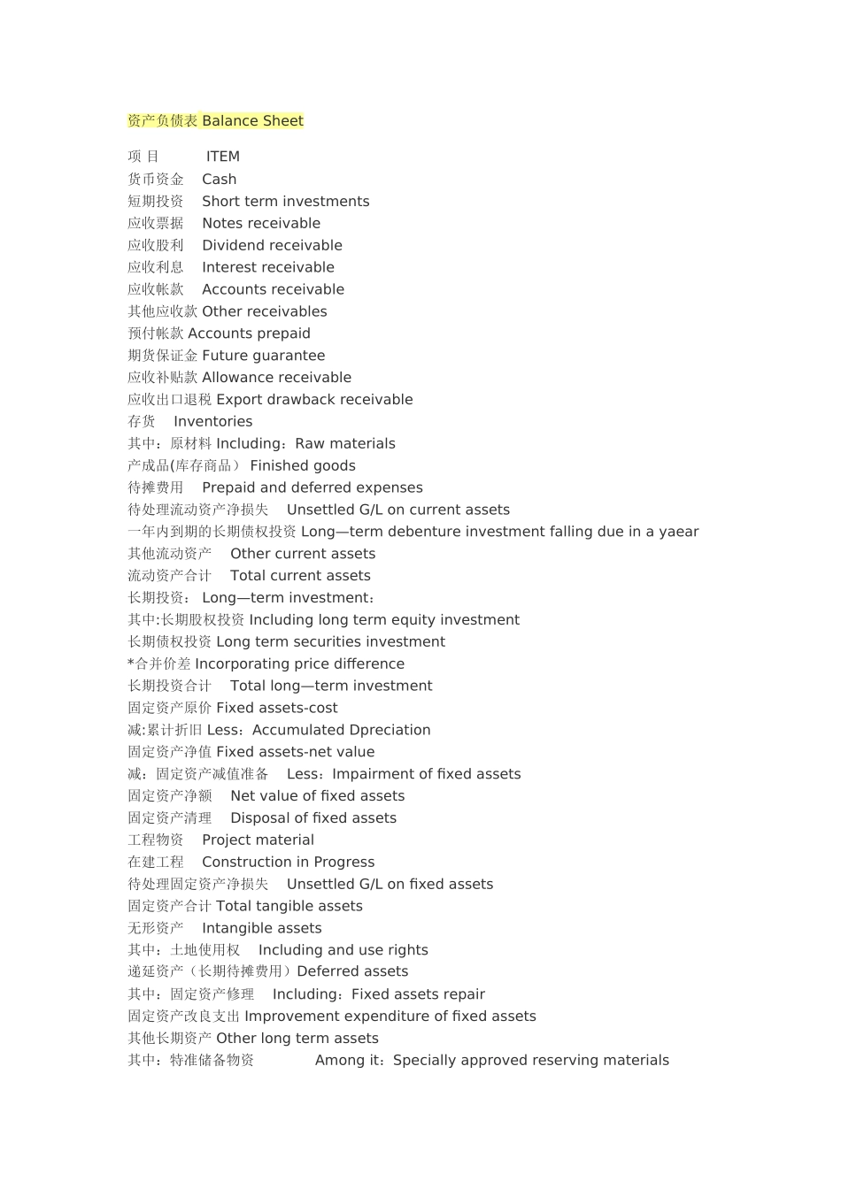三大报表中英文对照_第1页