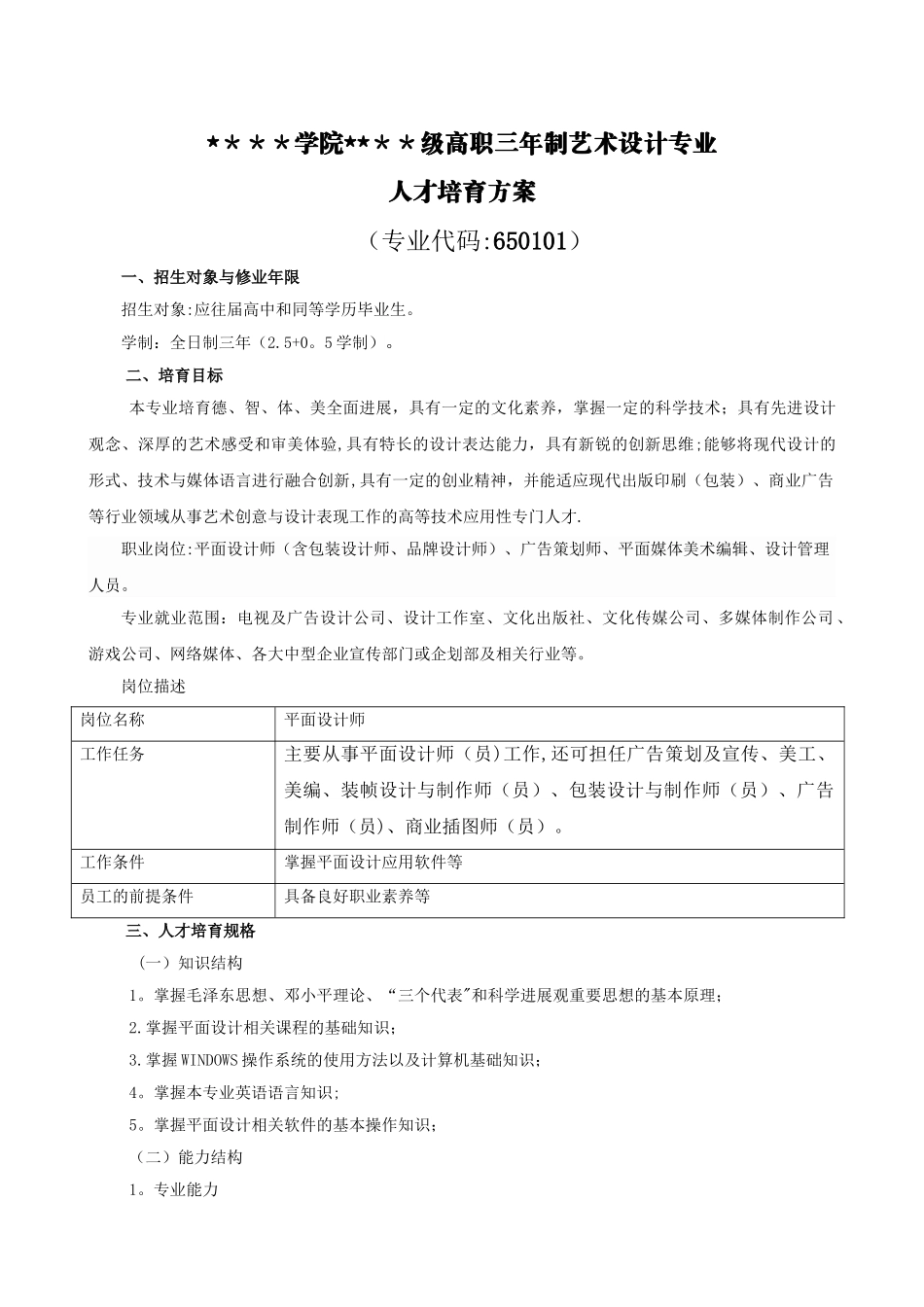 三年制高职艺术设计人才培养方案-改_第1页